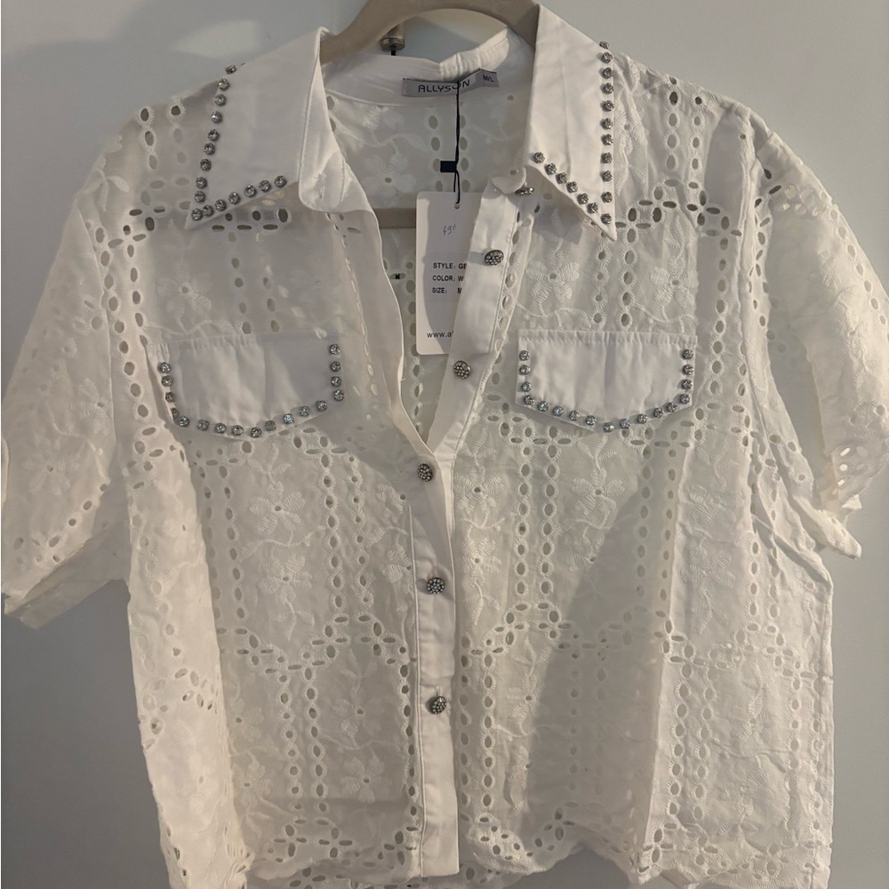 White Eyelet Button-Up Shirt with Silver Accents